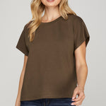 Drop Short Sleeve Top - Brown-Casual Tops- Hometown Style HTS, women's in store and online boutique located in Ingersoll, Ontario