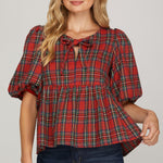 Babydoll Holiday Top - Red-blouse- Hometown Style HTS, women's in store and online boutique located in Ingersoll, Ontario