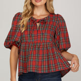 Babydoll Holiday Top - Red-blouse- Hometown Style HTS, women's in store and online boutique located in Ingersoll, Ontario