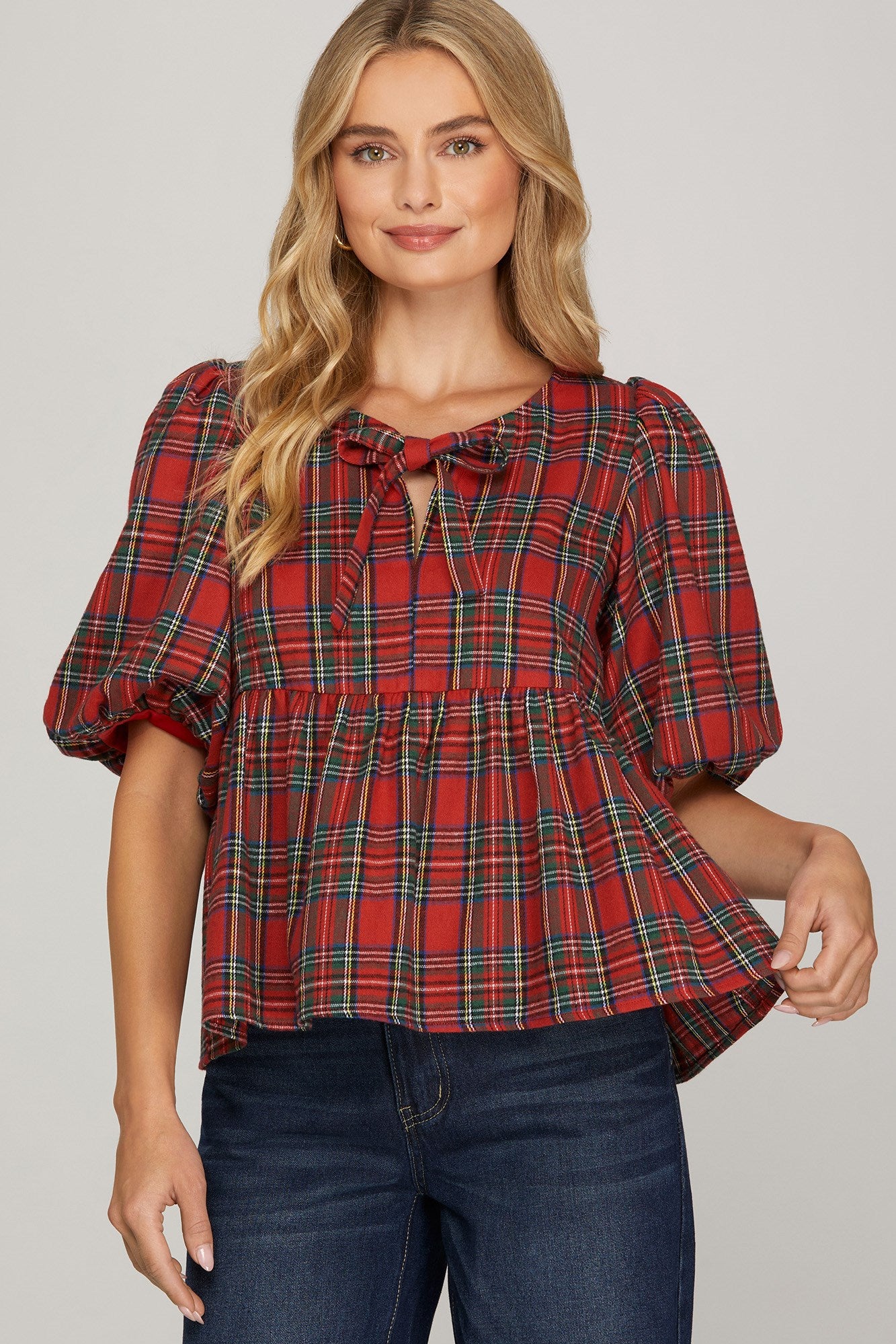 Babydoll Holiday Top - Red-blouse- Hometown Style HTS, women's in store and online boutique located in Ingersoll, Ontario