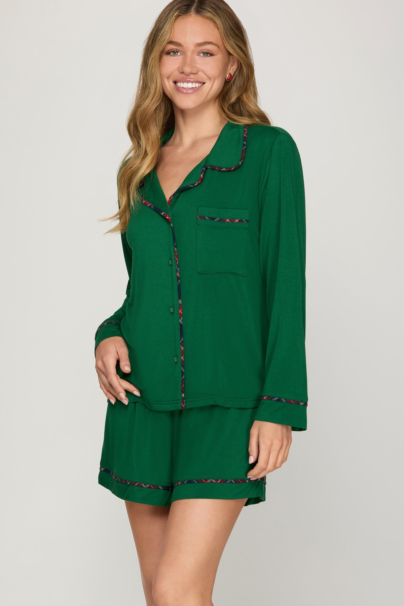 Shorts & Long Sleeve Pj Set - Green-gift- Hometown Style HTS, women's in store and online boutique located in Ingersoll, Ontario