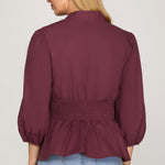 Smocked Front Zip Blouse - Wine-blouse- Hometown Style HTS, women's in store and online boutique located in Ingersoll, Ontario