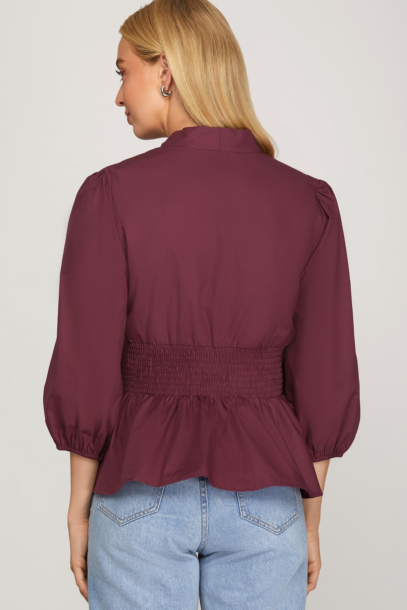 Smocked Front Zip Blouse - Wine-blouse- Hometown Style HTS, women's in store and online boutique located in Ingersoll, Ontario