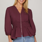 Smocked Front Zip Blouse - Wine-blouse- Hometown Style HTS, women's in store and online boutique located in Ingersoll, Ontario