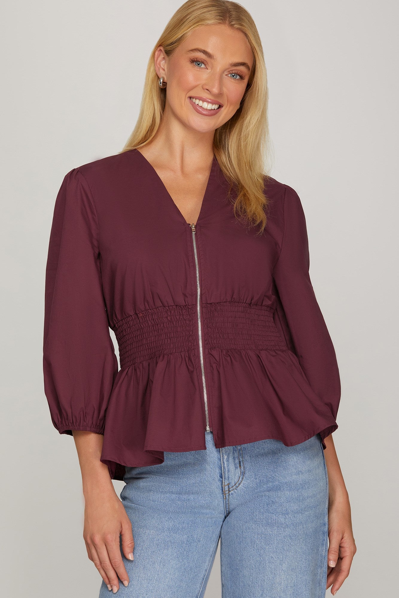 Smocked Front Zip Blouse - Wine-blouse- Hometown Style HTS, women's in store and online boutique located in Ingersoll, Ontario