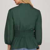Smocked Front Zip Blouse - Emerald-blouse- Hometown Style HTS, women's in store and online boutique located in Ingersoll, Ontario