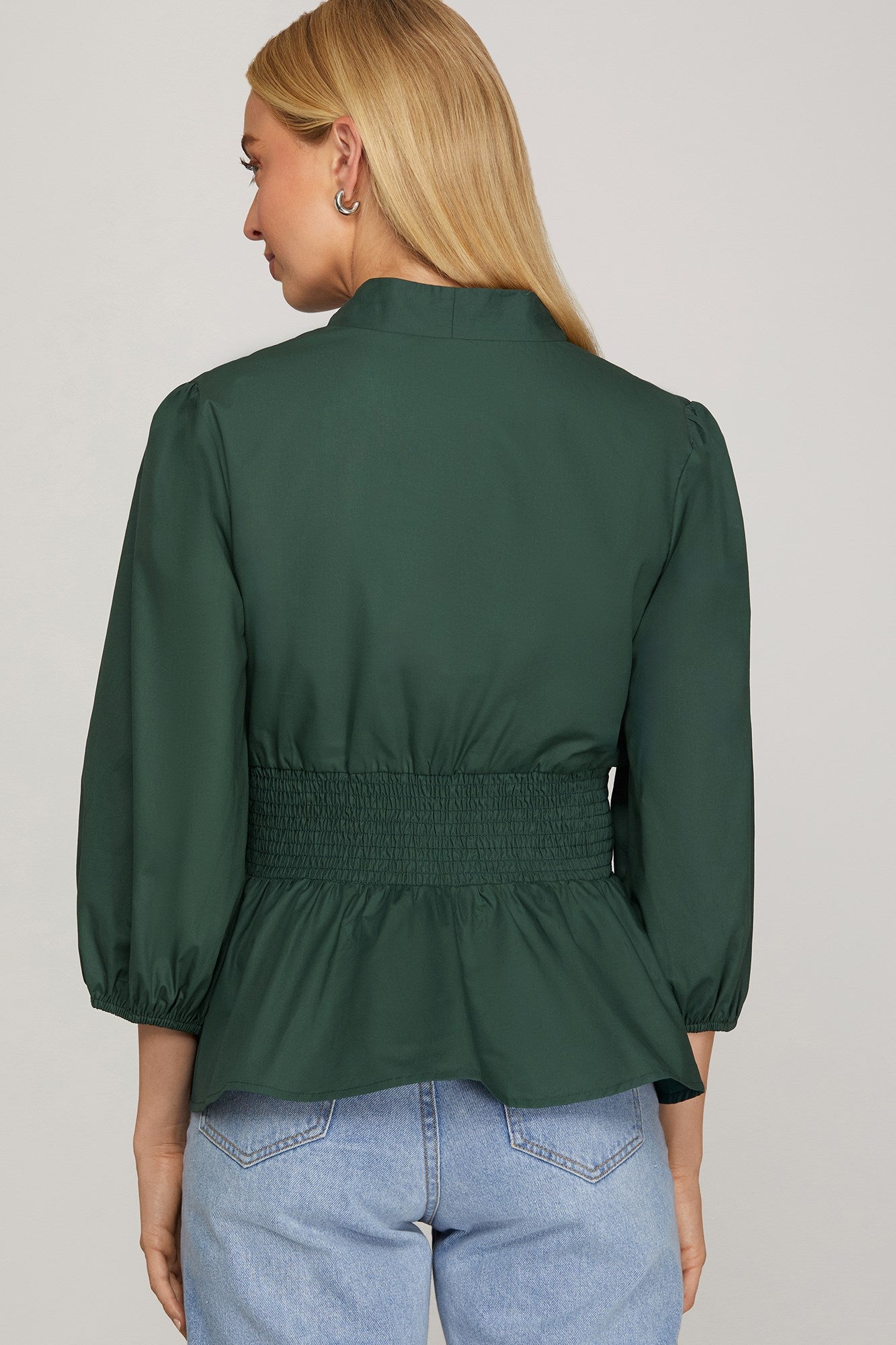 Smocked Front Zip Blouse - Emerald-blouse- Hometown Style HTS, women's in store and online boutique located in Ingersoll, Ontario