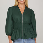 Smocked Front Zip Blouse - Emerald-blouse- Hometown Style HTS, women's in store and online boutique located in Ingersoll, Ontario
