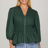 Smocked Front Zip Blouse - Emerald-blouse- Hometown Style HTS, women's in store and online boutique located in Ingersoll, Ontario