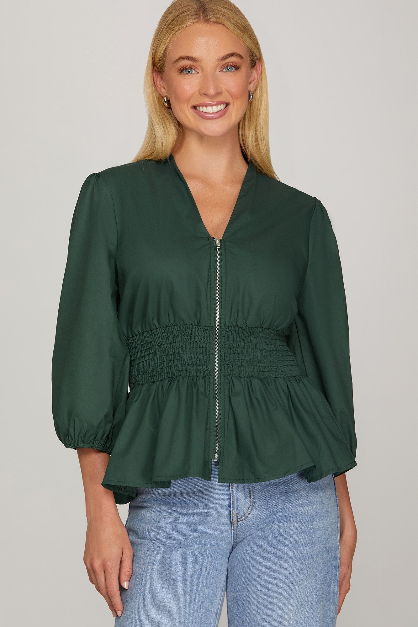 Smocked Front Zip Blouse - Emerald-blouse- Hometown Style HTS, women's in store and online boutique located in Ingersoll, Ontario