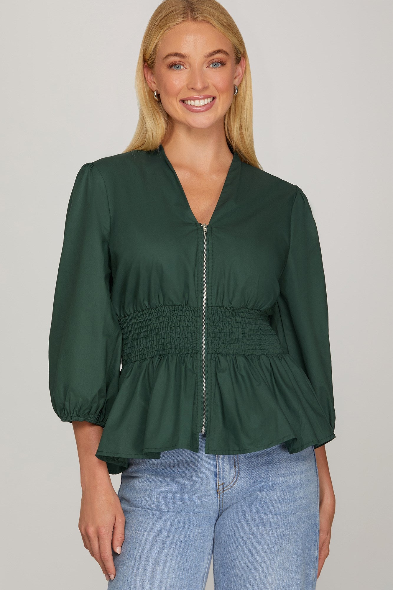 Smocked Front Zip Blouse - Emerald-blouse- Hometown Style HTS, women's in store and online boutique located in Ingersoll, Ontario