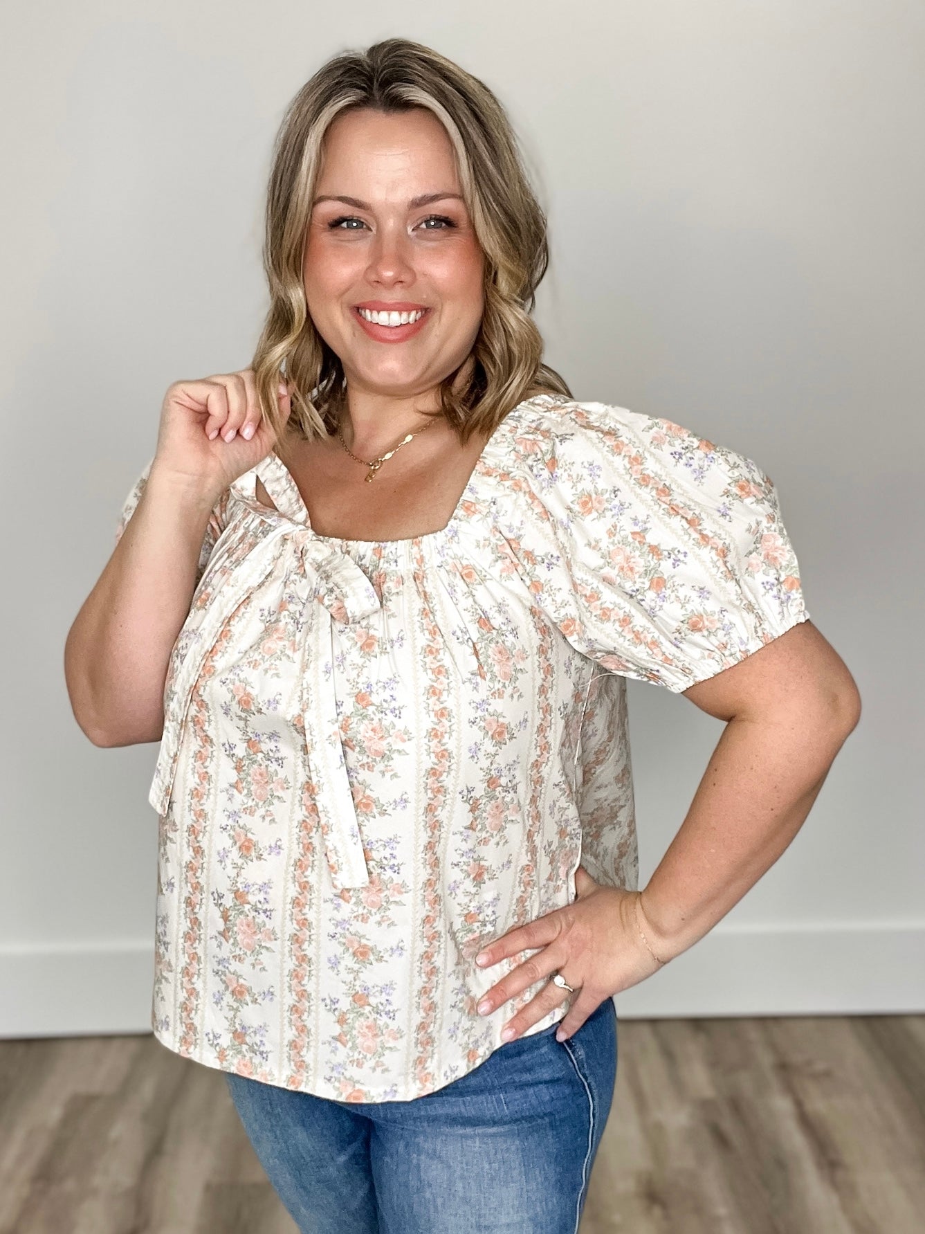 Floral Puff Sleeve Blouse - Peach-tops- Hometown Style HTS, women's in store and online boutique located in Ingersoll, Ontario