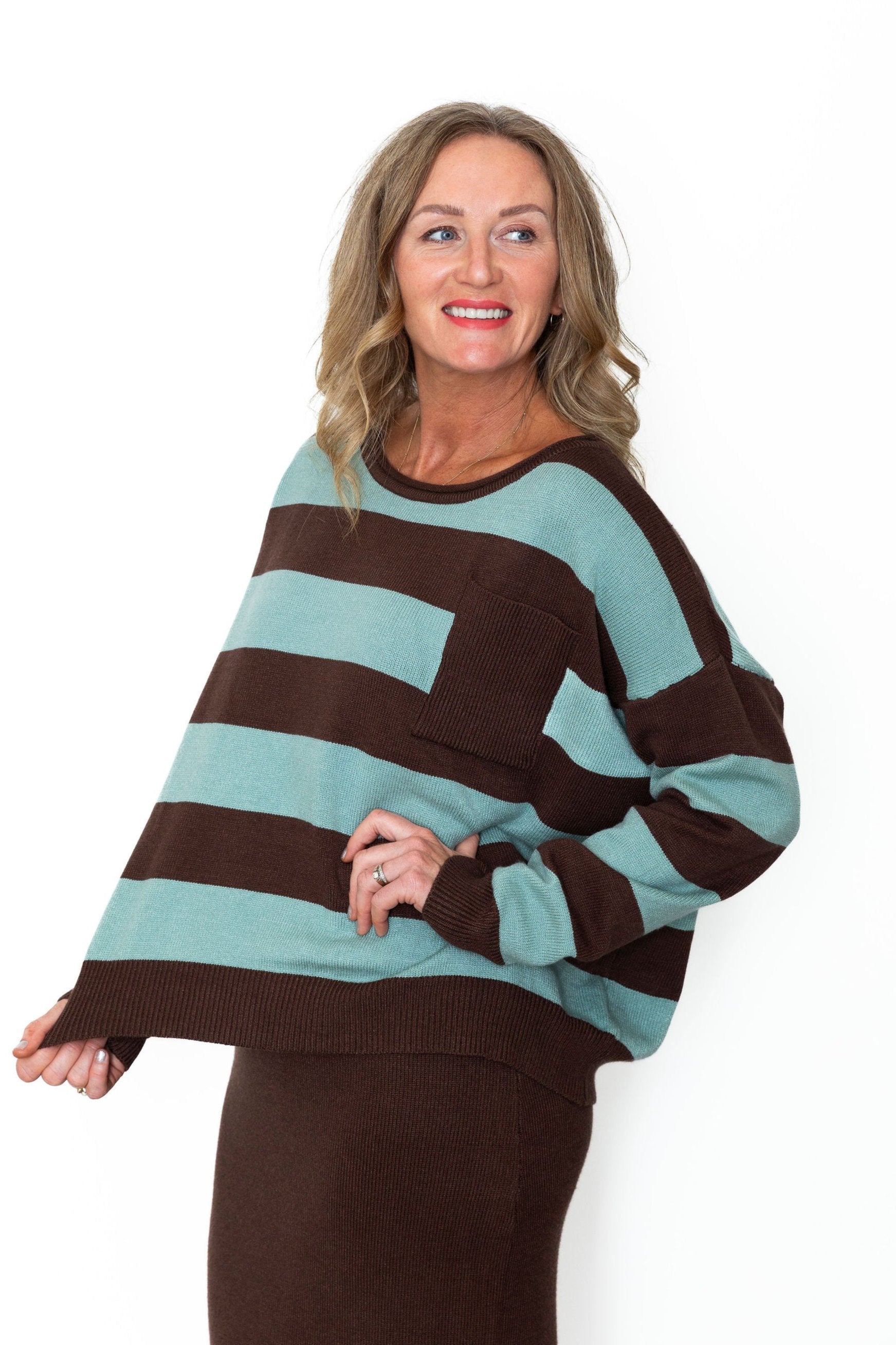 Striped Sweater & Knit Pencil Skirt - Mocha-set- Hometown Style HTS, women's in store and online boutique located in Ingersoll, Ontario