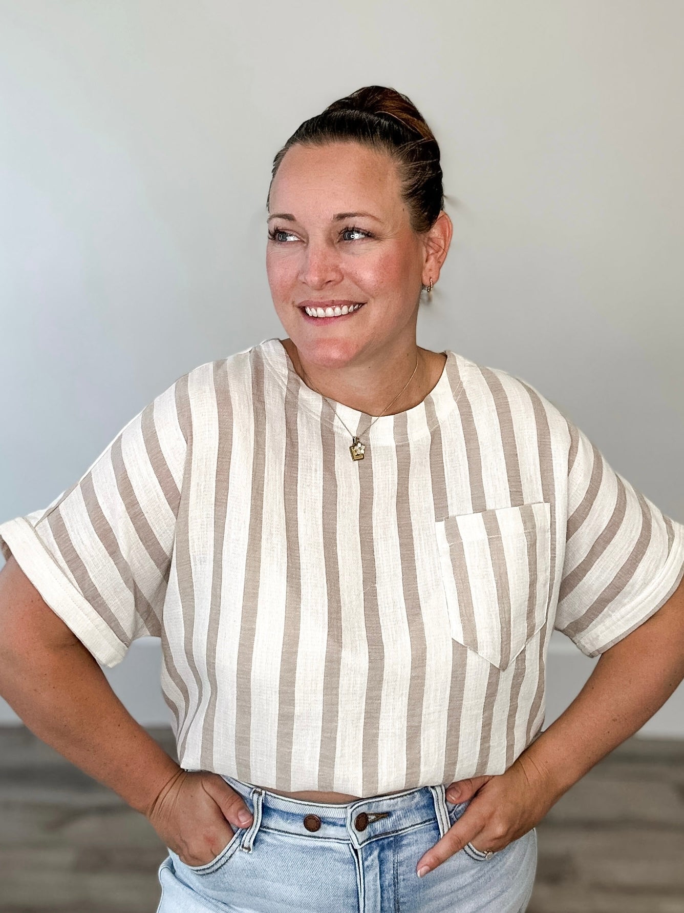 Striped Short Sleeve - Sand-Tops- Hometown Style HTS, women's in store and online boutique located in Ingersoll, Ontario