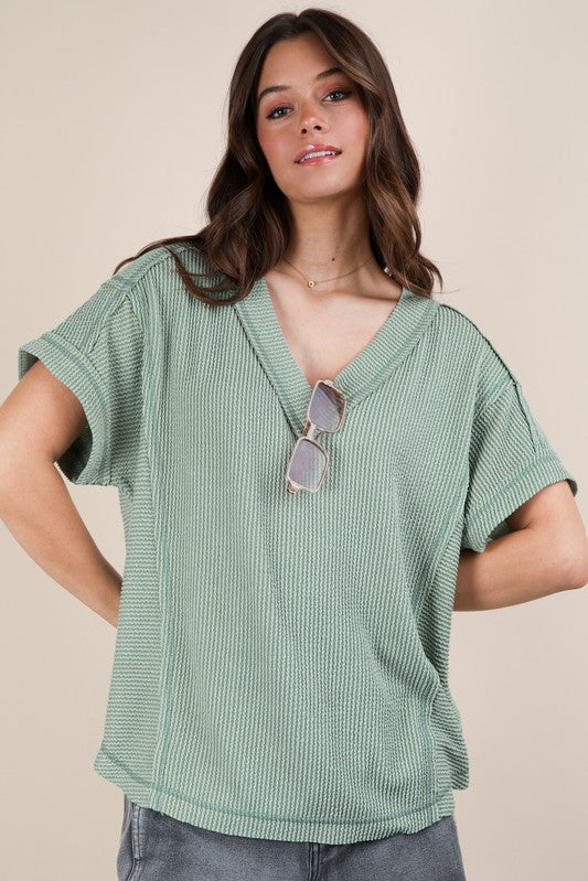 Casual Ribbed Knit Tee - Sage-tee- Hometown Style HTS, women's in store and online boutique located in Ingersoll, Ontario