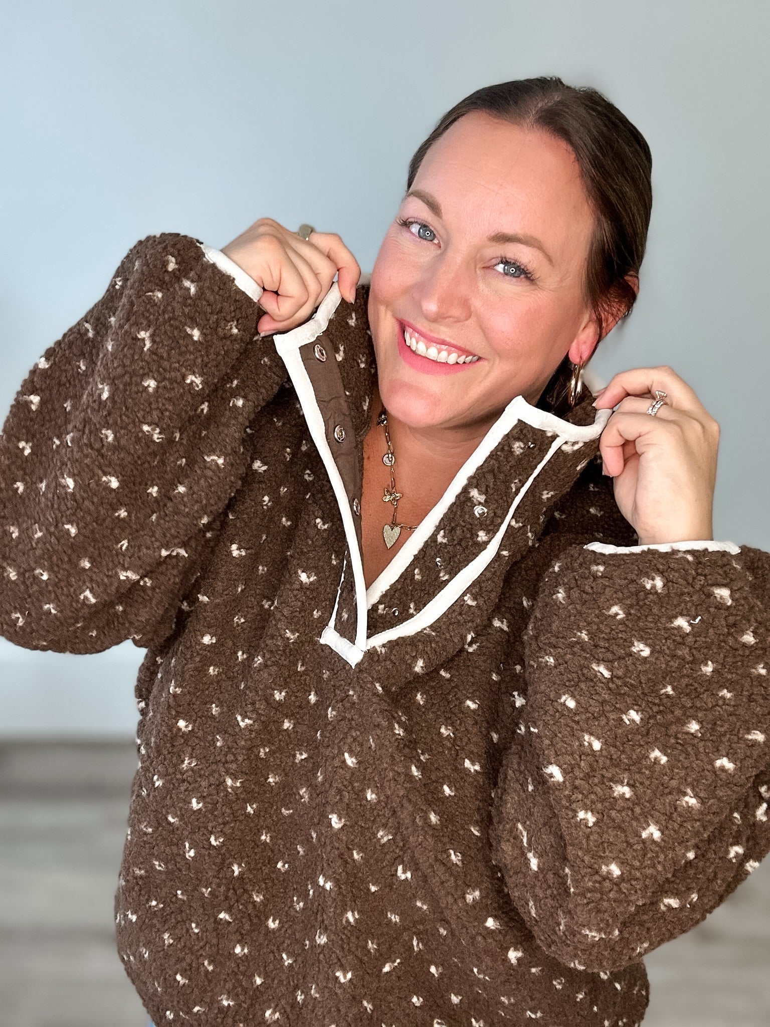 Heart Sherpa Fleece Pullover Jacket - Brown-Sweater- Hometown Style HTS, women's in store and online boutique located in Ingersoll, Ontario