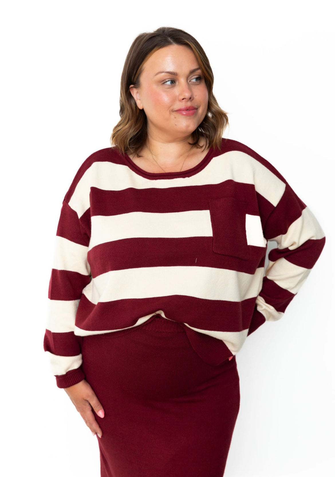 Striped Sweater & Knit Pencil Skirt - Burgundy-set- Hometown Style HTS, women's in store and online boutique located in Ingersoll, Ontario