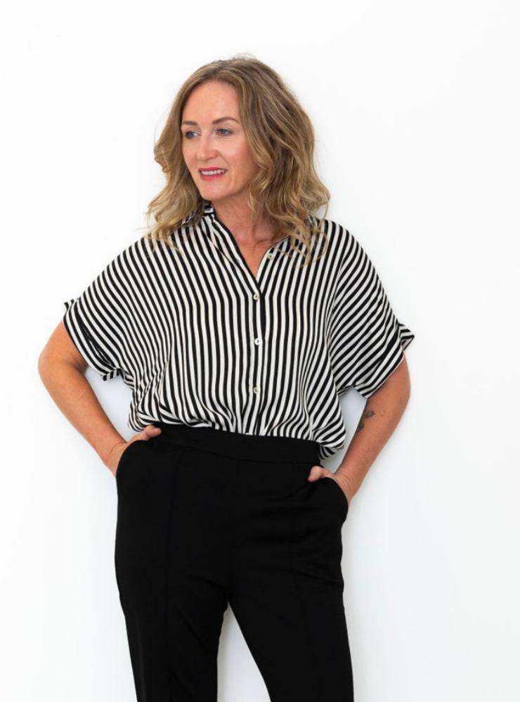 Striped Short Sleeve Blouse - Black-blouse- Hometown Style HTS, women's in store and online boutique located in Ingersoll, Ontario