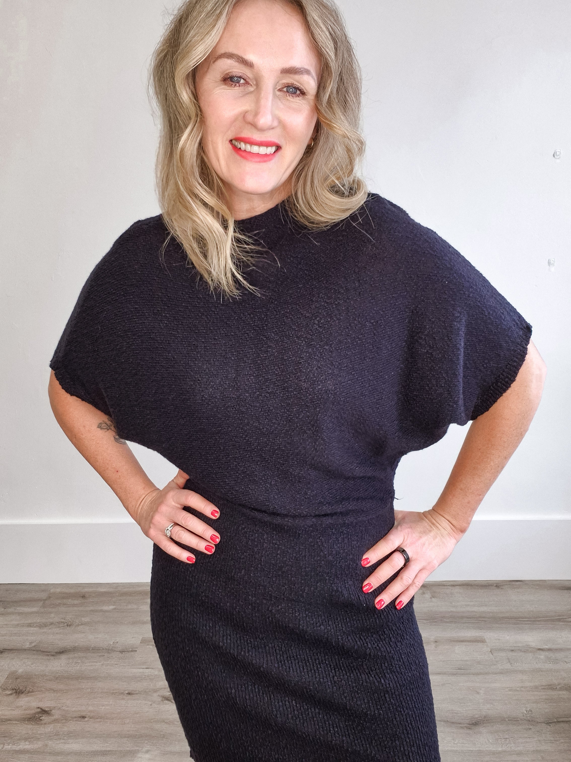 Dolman Sleeve, Knitted Mini Dress - Black-dress- Hometown Style HTS, women's in store and online boutique located in Ingersoll, Ontario