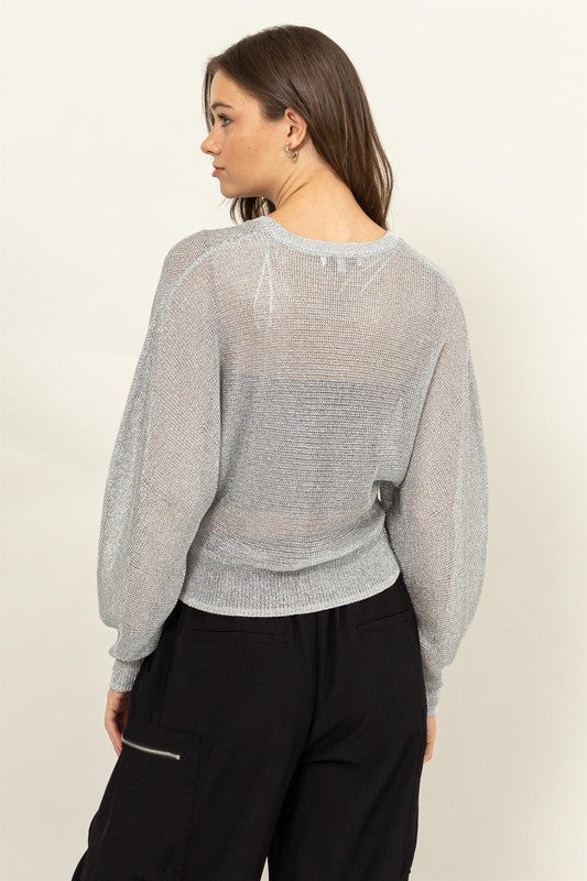 Sheer Dolman Sleeve Sweater - Silver-Sweater- Hometown Style HTS, women's in store and online boutique located in Ingersoll, Ontario