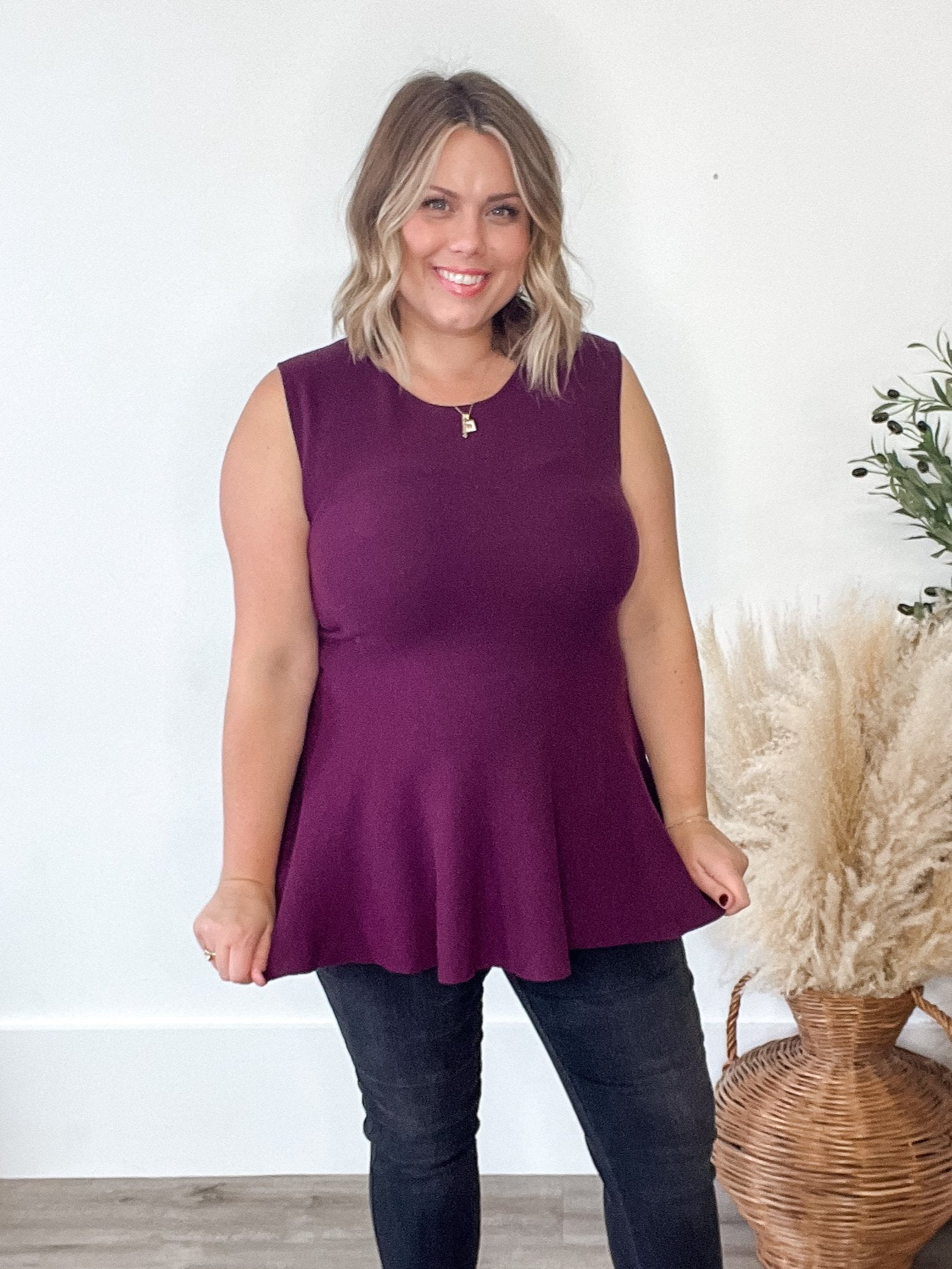 Sleeveless Peplum Sweater Top - Purple-tops- Hometown Style HTS, women's in store and online boutique located in Ingersoll, Ontario