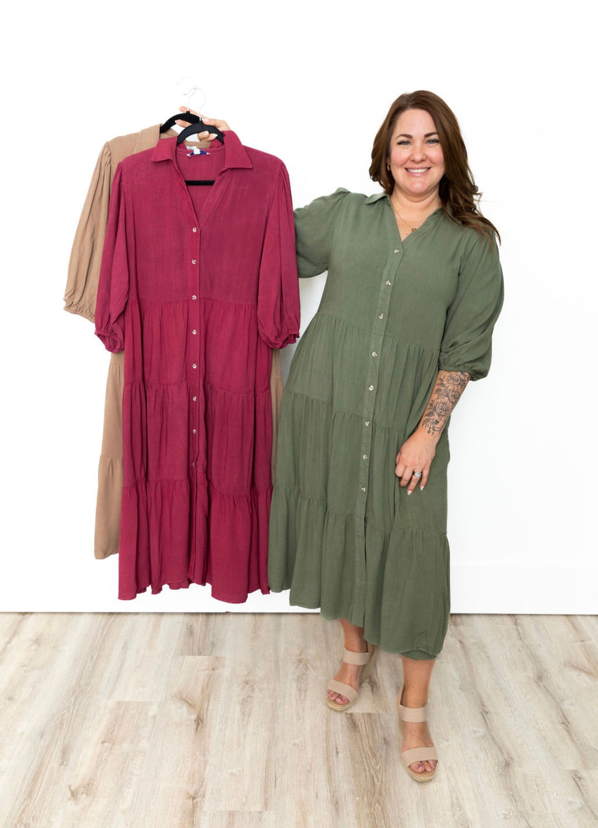 Button Down Tiered Midi Dress - Olive-Dress- Hometown Style HTS, women's in store and online boutique located in Ingersoll, Ontario