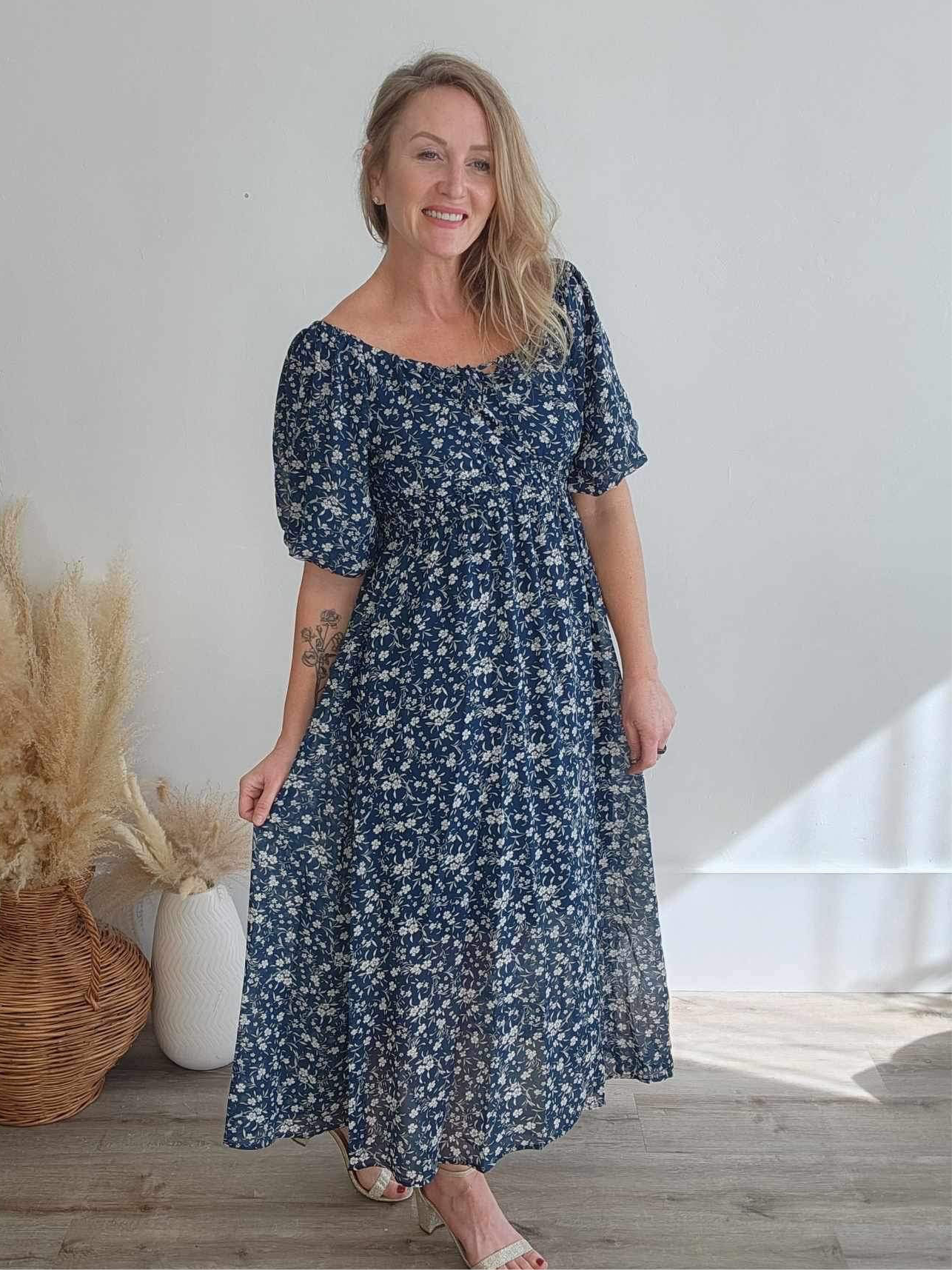 Floral Front Tie Midi Dress - Teal-dress- Hometown Style HTS, women's in store and online boutique located in Ingersoll, Ontario