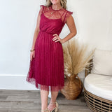 Floral Lace Pleated Midi Dress - Wine-dress- Hometown Style HTS, women's in store and online boutique located in Ingersoll, Ontario