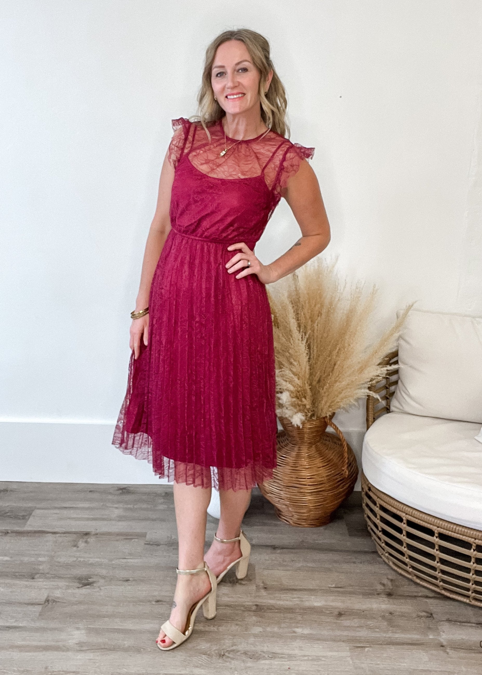 Floral Lace Pleated Midi Dress - Wine-dress- Hometown Style HTS, women's in store and online boutique located in Ingersoll, Ontario