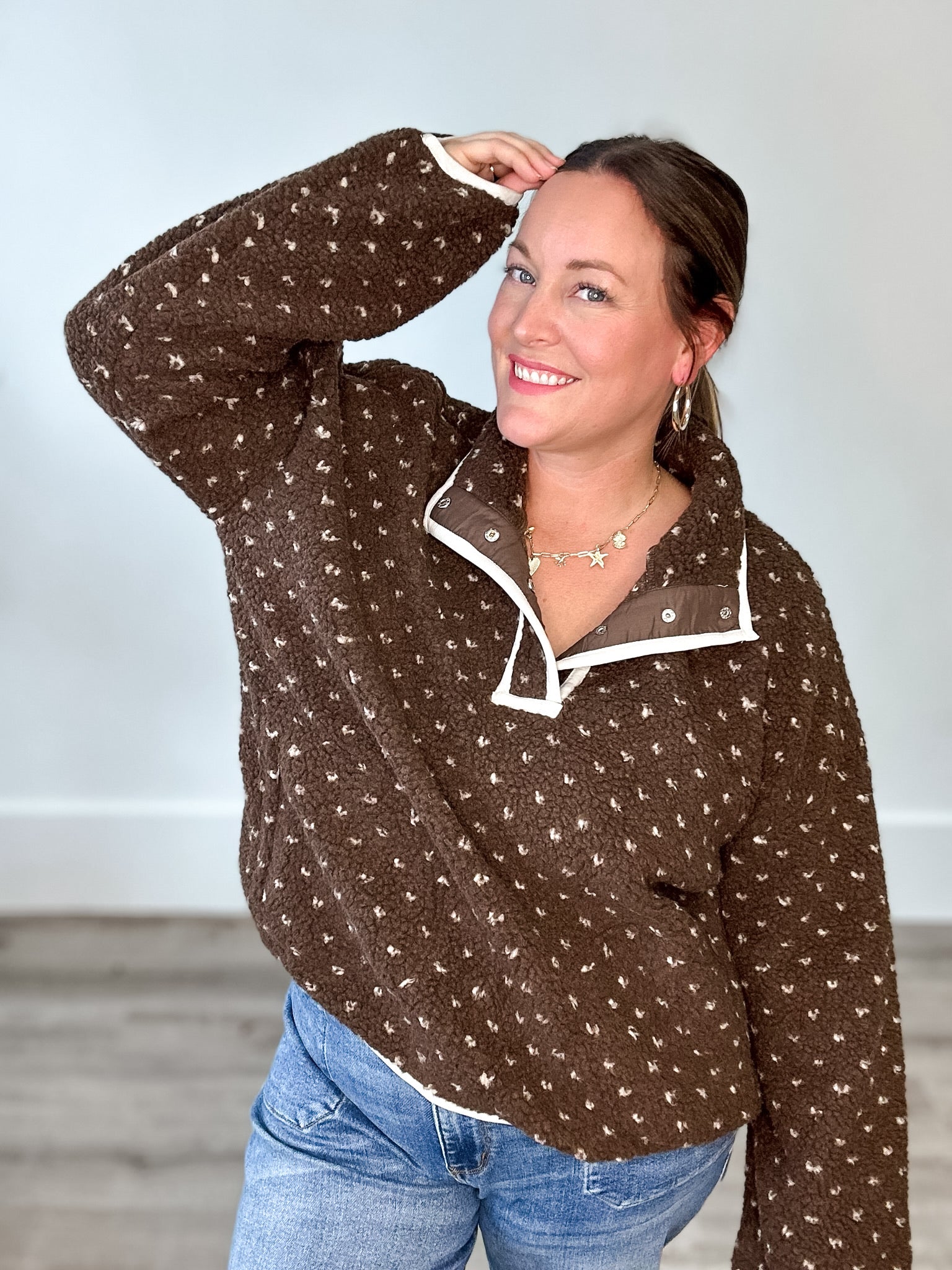Heart Sherpa Fleece Pullover Jacket - Brown-Sweater- Hometown Style HTS, women's in store and online boutique located in Ingersoll, Ontario