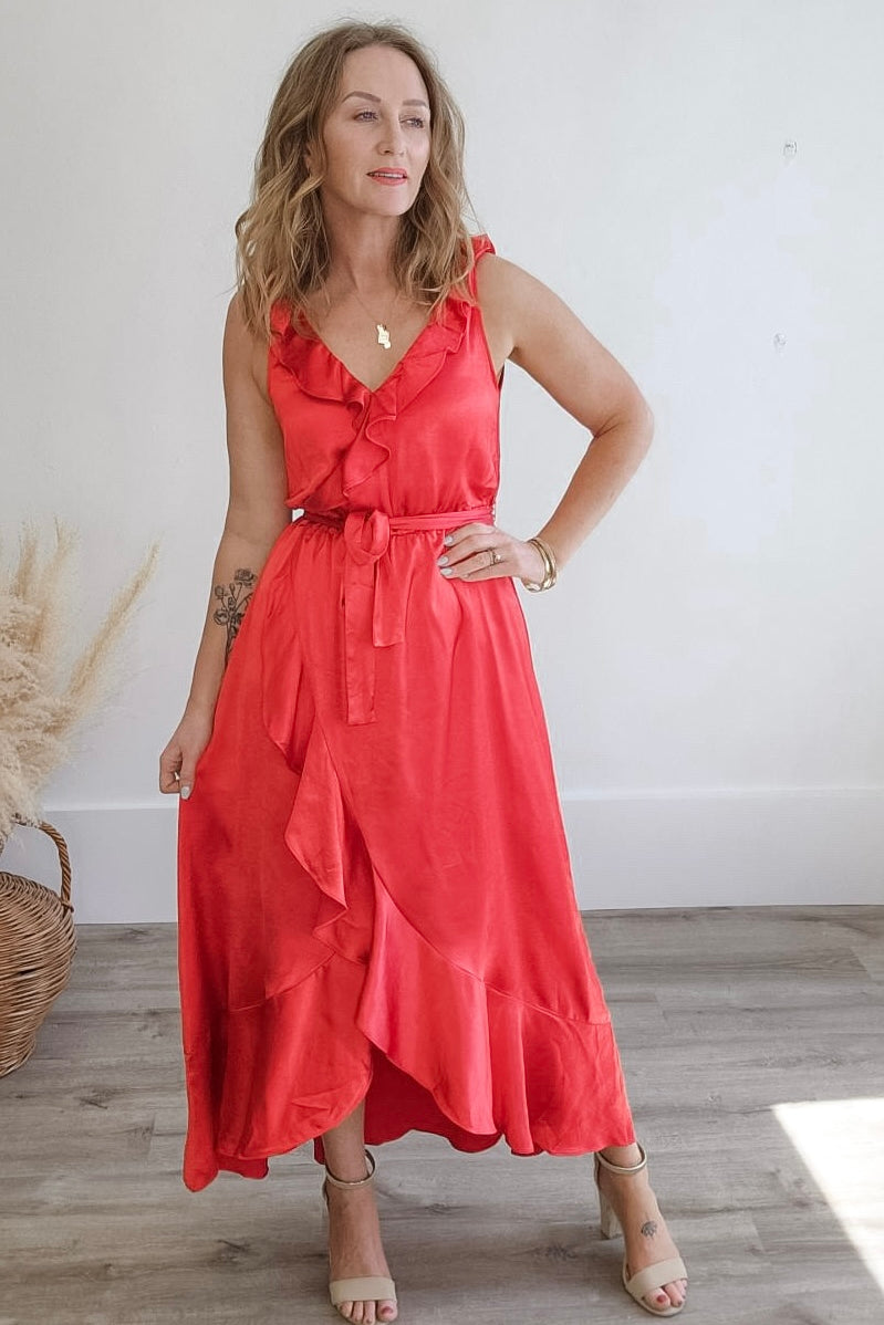 Ruffled Satin Wrap Maxi Dress - Coral Red-Dresses- Hometown Style HTS, women's in store and online boutique located in Ingersoll, Ontario