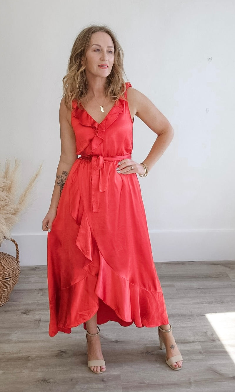 Ruffled Satin Wrap Maxi Dress - Coral Red-Dresses- Hometown Style HTS, women's in store and online boutique located in Ingersoll, Ontario