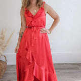 Ruffled Satin Wrap Maxi Dress - Coral Red-Dresses- Hometown Style HTS, women's in store and online boutique located in Ingersoll, Ontario