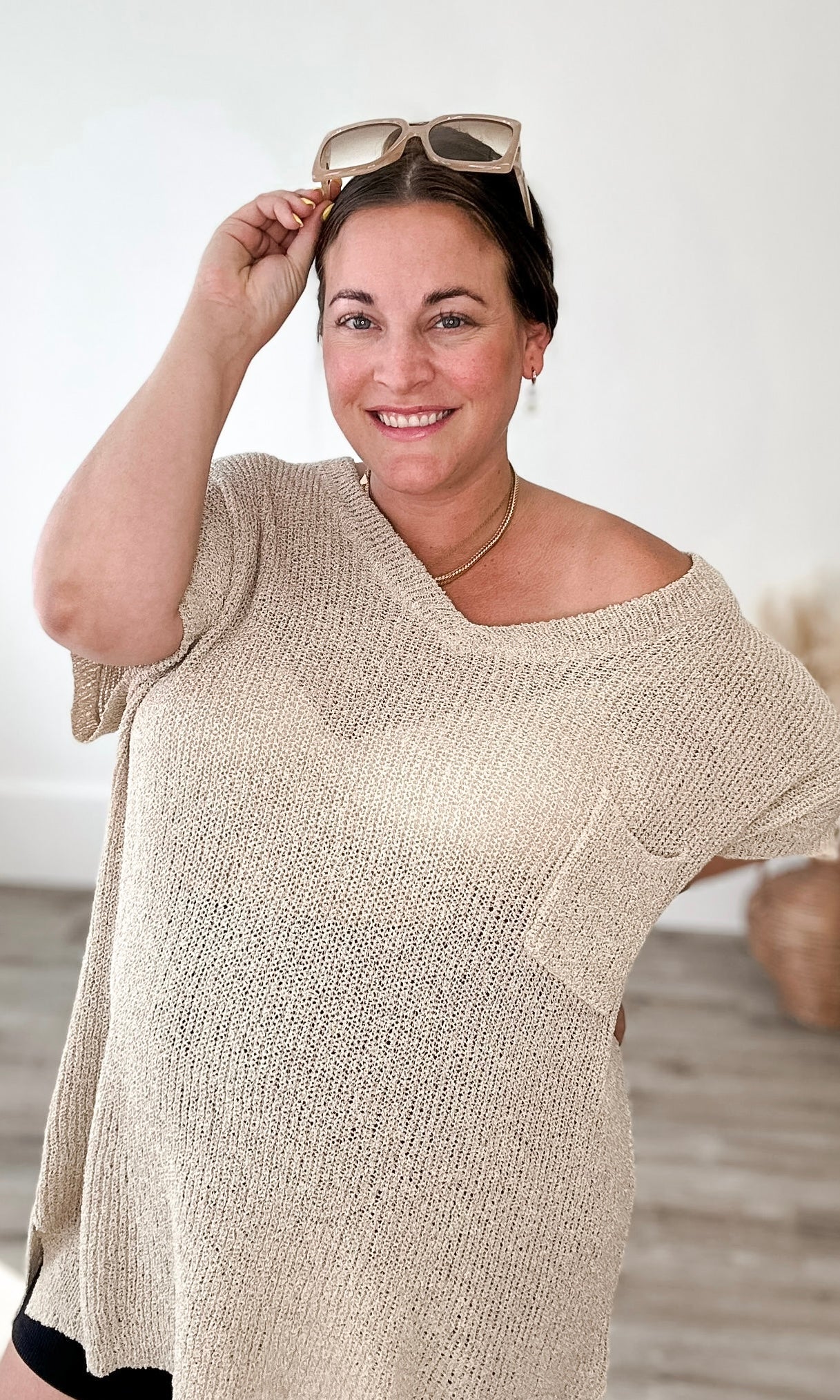 Light Knit, Short Sleeve Top - Oatmeal - EX-Sweater- Hometown Style HTS, women's in store and online boutique located in Ingersoll, Ontario