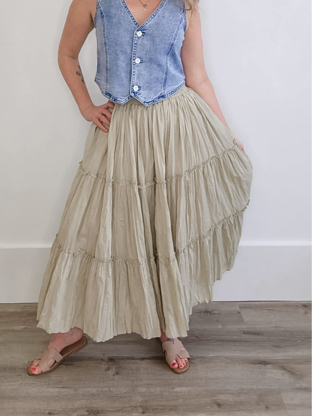 Tiered Crinkle Midi Skirt - Stone-skirt- Hometown Style HTS, women's in store and online boutique located in Ingersoll, Ontario