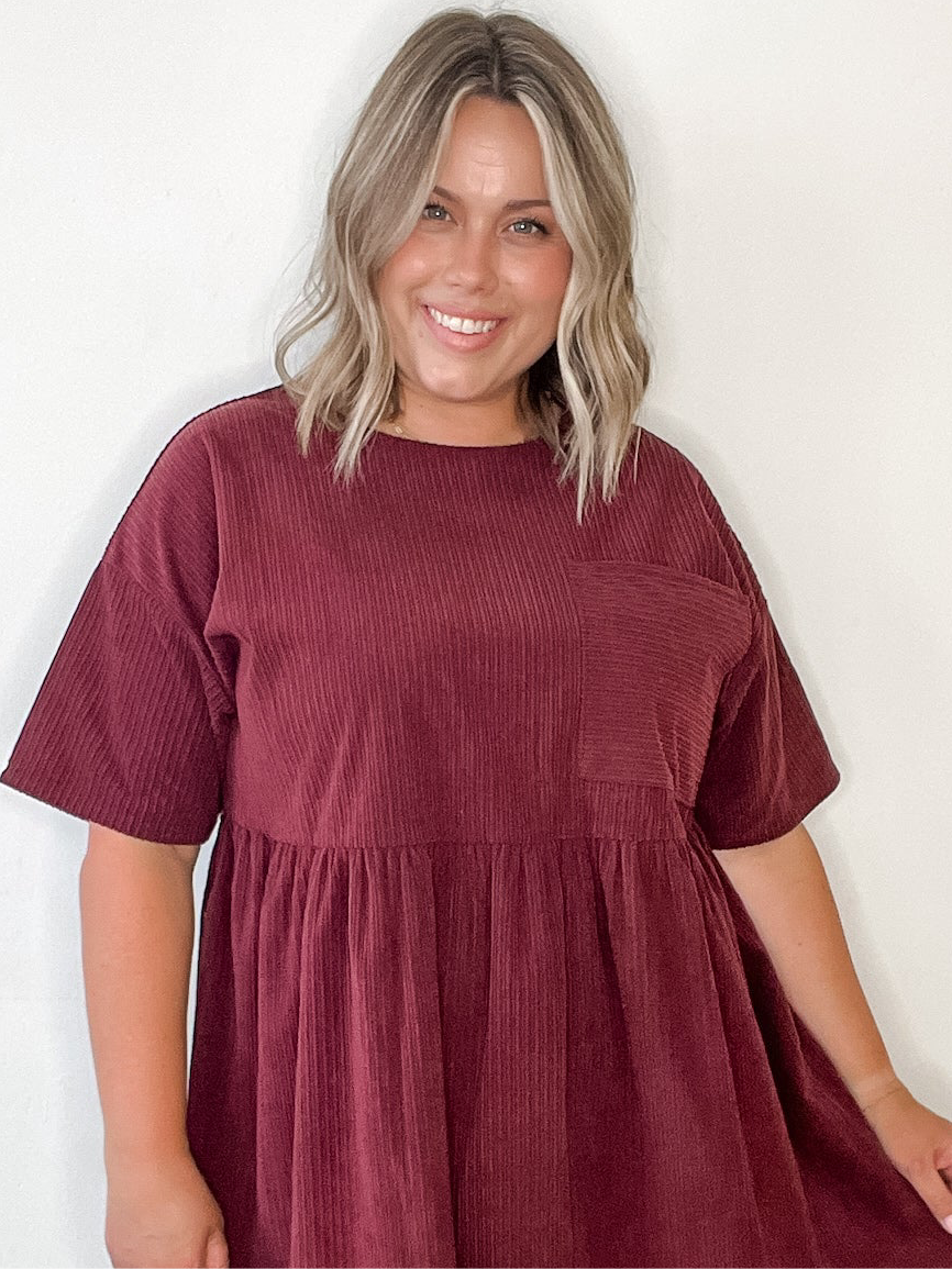 Corduroy Mini Dress - Burgundy-Dress- Hometown Style HTS, women's in store and online boutique located in Ingersoll, Ontario
