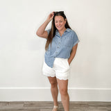 Cuff Sleeve Button Up - Denim-casual shirt- Hometown Style HTS, women's in store and online boutique located in Ingersoll, Ontario