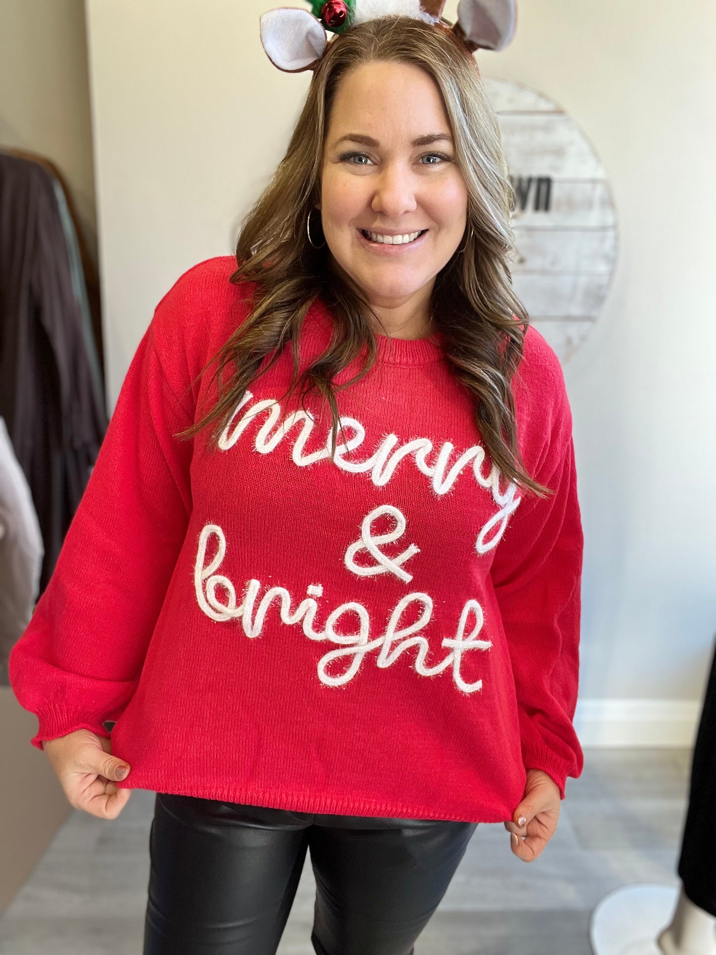 Merry & Bright Tinsel Lettering - Red/Whitel-Sweater- Hometown Style HTS, women's in store and online boutique located in Ingersoll, Ontario