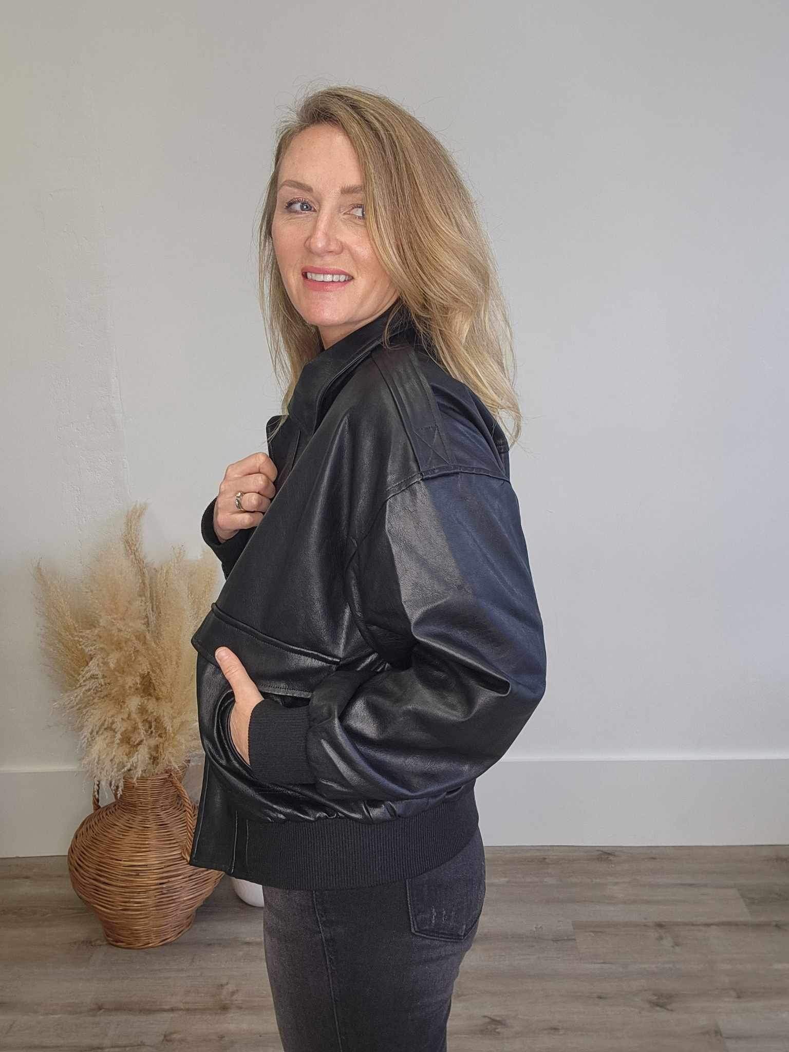 Faux Leather Bomber Jacket - Black-Coats & Jackets- Hometown Style HTS, women's in store and online boutique located in Ingersoll, Ontario