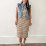 Striped Midi Ribbed Knit Dress - Mocha/Cream-dress- Hometown Style HTS, women's in store and online boutique located in Ingersoll, Ontario