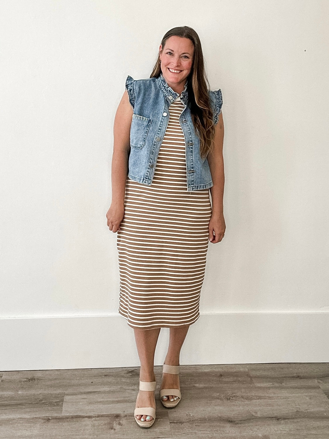 Striped Midi Ribbed Knit Dress - Mocha/Cream-dress- Hometown Style HTS, women's in store and online boutique located in Ingersoll, Ontario