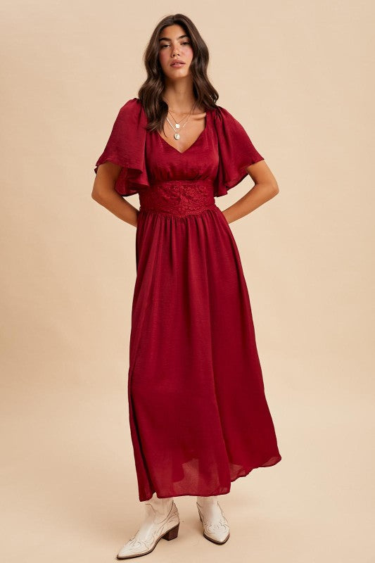 Washed Satin Lace Maxi - Cranberry-Special Occasion Dresses- Hometown Style HTS, women's in store and online boutique located in Ingersoll, Ontario
