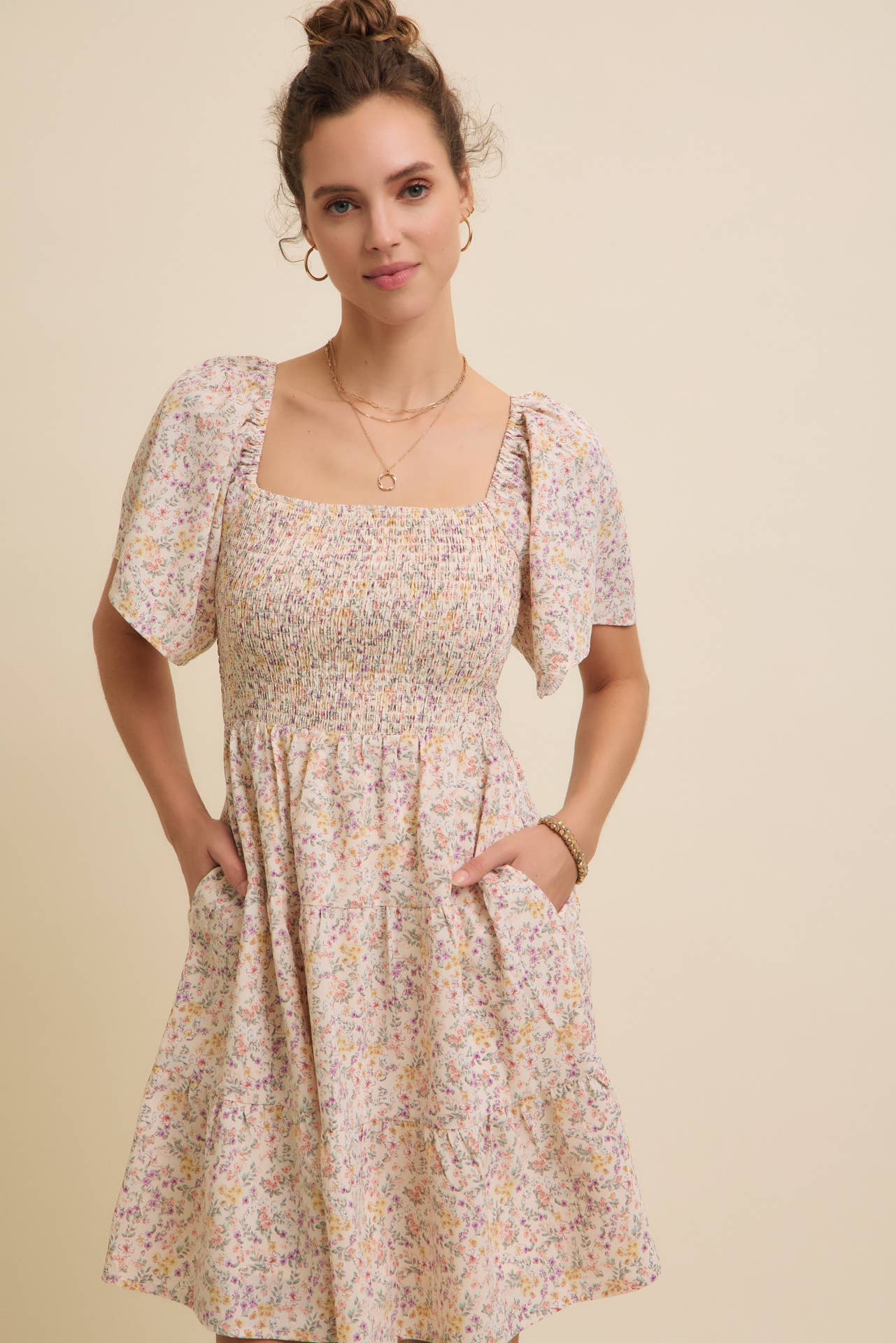 Floral Smocked Dress - Cream-dress- Hometown Style HTS, women's in store and online boutique located in Ingersoll, Ontario