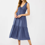 Flowy Tiered Midi Dress with Side Pockets-Slate Blue-dress- Hometown Style HTS, women's in store and online boutique located in Ingersoll, Ontario