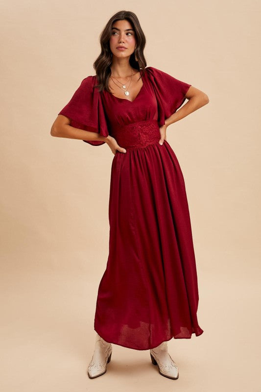 Washed Satin Lace Maxi - Cranberry-Special Occasion Dresses- Hometown Style HTS, women's in store and online boutique located in Ingersoll, Ontario