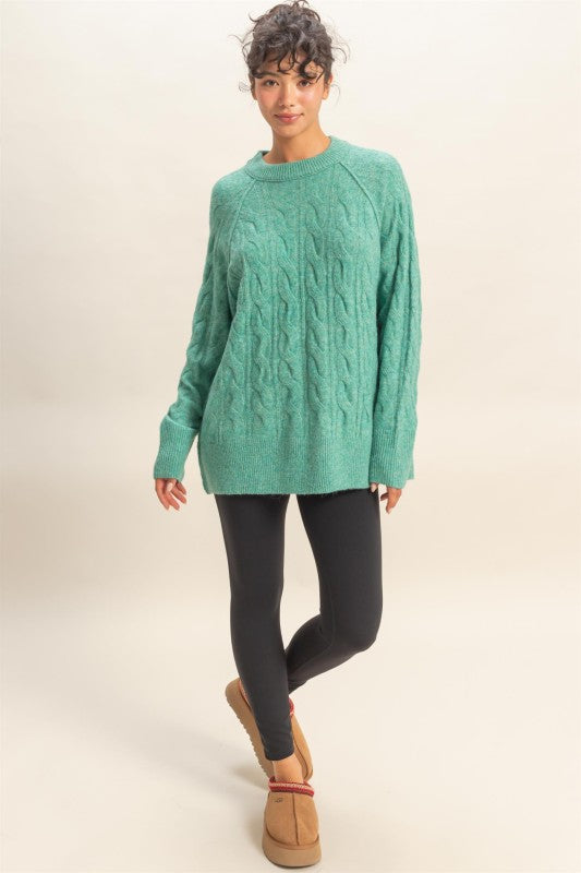 Cable Knit Sweater - Emerald-Sweaters and Cardigans- Hometown Style HTS, women's in store and online boutique located in Ingersoll, Ontario