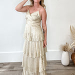 Lurex Gold Tiered Maxi Dress-dress- Hometown Style HTS, women's in store and online boutique located in Ingersoll, Ontario