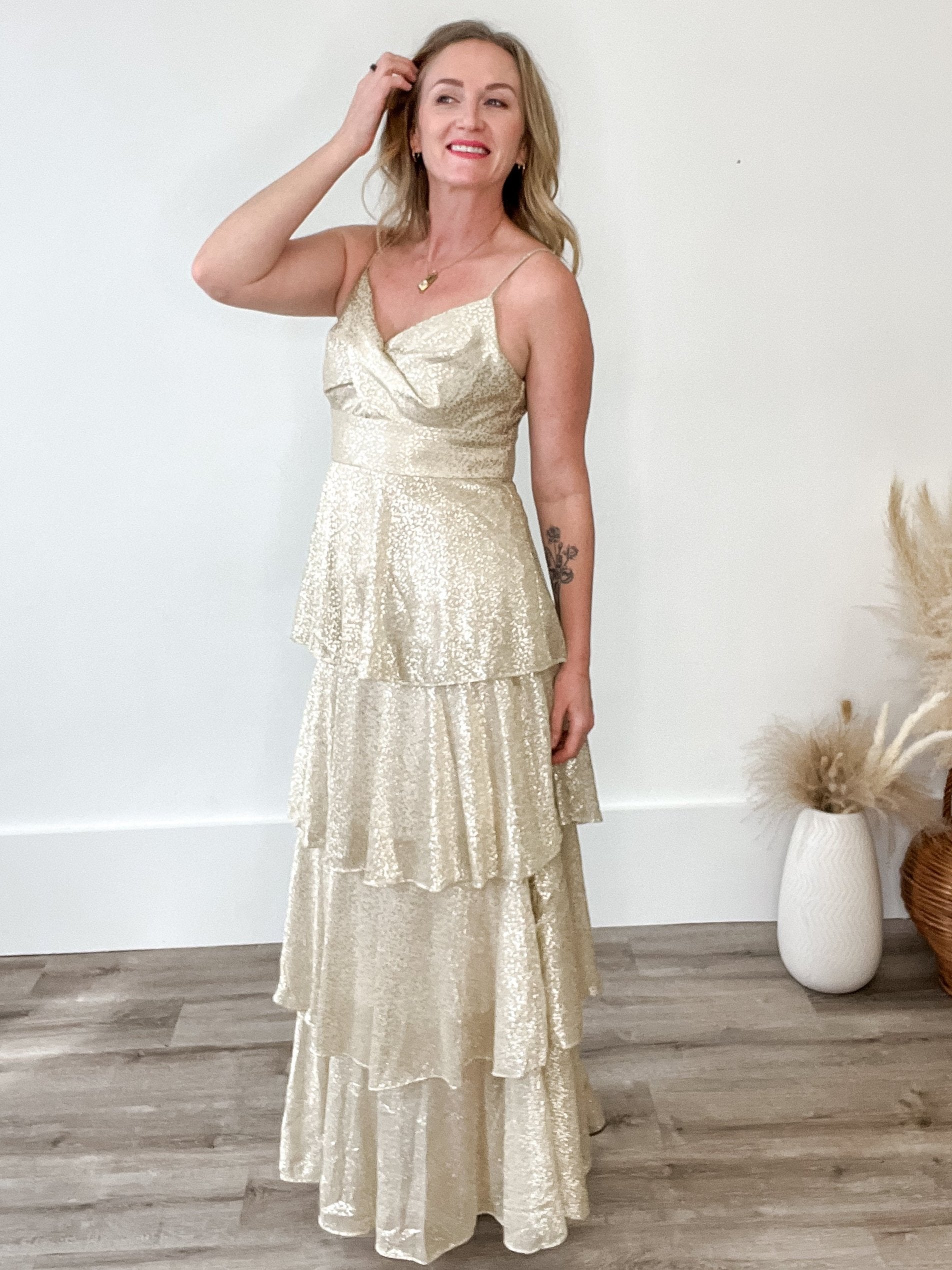 Lurex Gold Tiered Maxi Dress-dress- Hometown Style HTS, women's in store and online boutique located in Ingersoll, Ontario