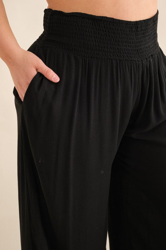 Smocked Waist Palazzo Pants - Black-Pants- Hometown Style HTS, women's in store and online boutique located in Ingersoll, Ontario