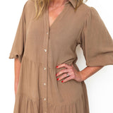 Button Down Tiered Midi Dress - Taupe-Dress- Hometown Style HTS, women's in store and online boutique located in Ingersoll, Ontario